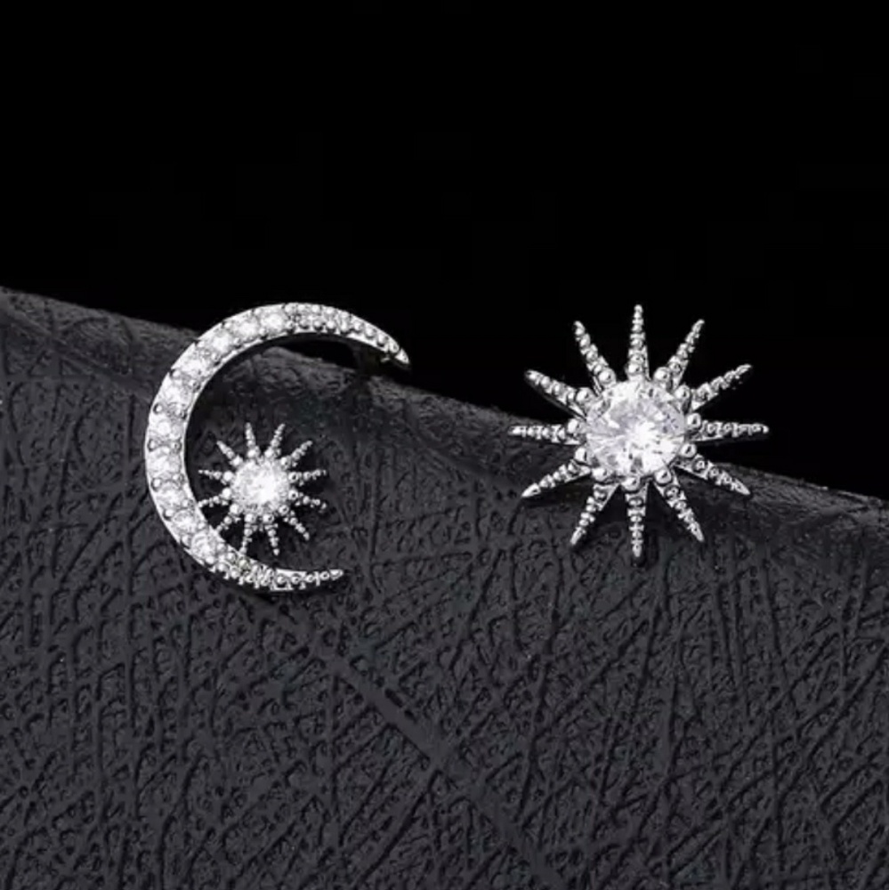 Silver Diamond Dainty Moon Shining Star Earrings - Picture 2 of 4